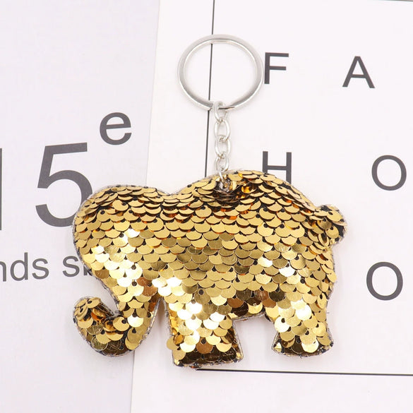 Plastic Reflective Doublesided Sequin Keychain In Modern Art Style With Elephant And Unicorn Shapes
