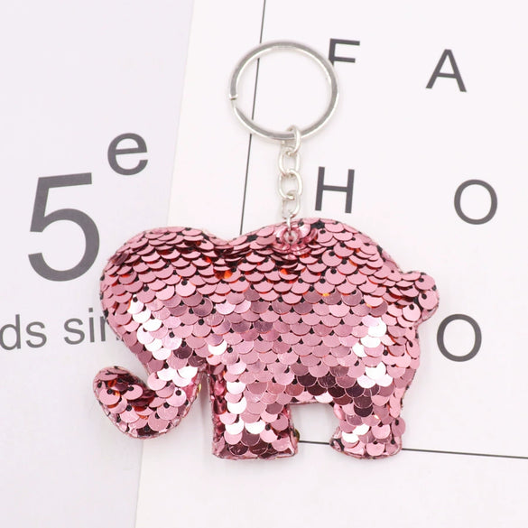 Plastic Reflective Doublesided Sequin Keychain In Modern Art Style With Elephant And Unicorn Shapes
