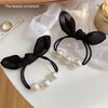 Plastic Resin Hair Ring With Rabbit Ears Bow Pearl For Women Handmade High Elastic Headband