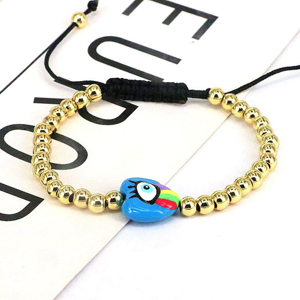 Plastic Woven Bracelet With Copper Beads Gold Plated Love Shape Geometric Pattern For Women