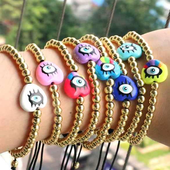 Plastic Woven Bracelet With Copper Beads Gold Plated Love Shape Geometric Pattern For Women