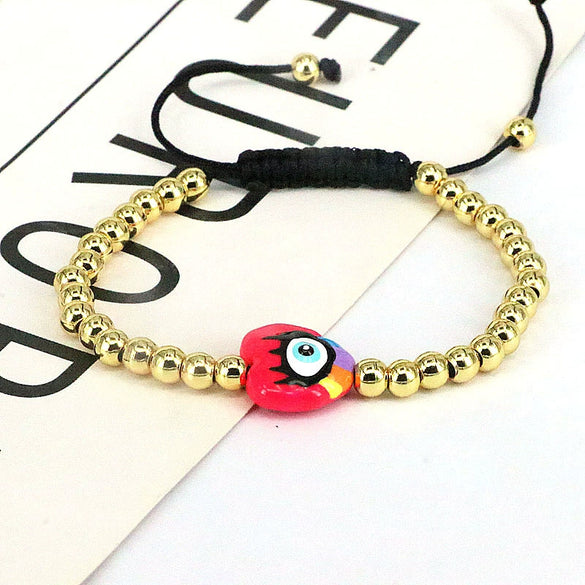 Plastic Woven Bracelet With Copper Beads Gold Plated Love Shape Geometric Pattern For Women