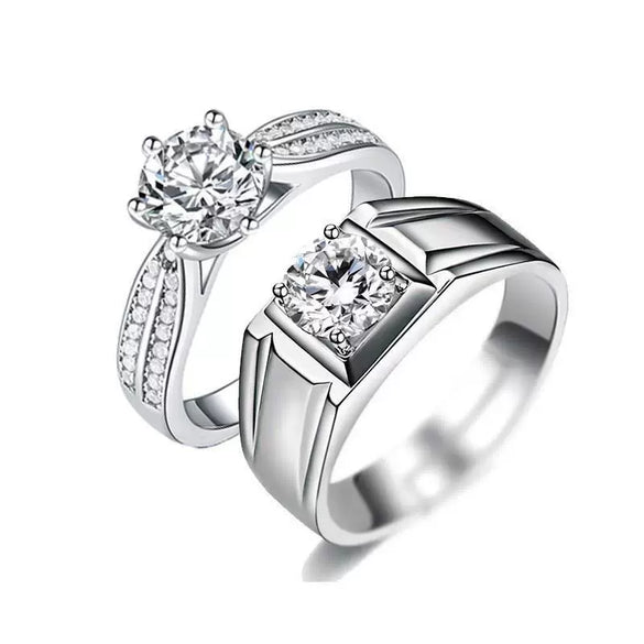 Platinum Plated Simulated Moissanite Geometric Couple Ring In Environmentally Friendly Copper With Artificial Gem Inlay Simple Fashion Jewelry Gift