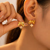 Pleated Bow Square Zircon 316L Stainless Steel 18K Gold Plated Niche Sweet Geometric Earrings For Women