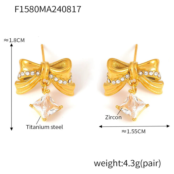 Pleated Bow Square Zircon 316L Stainless Steel 18K Gold Plated Niche Sweet Geometric Earrings For Women