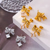 Pleated Bow Square Zircon 316L Stainless Steel 18K Gold Plated Niche Sweet Geometric Earrings For Women