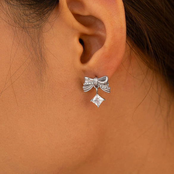 Pleated Bow Square Zircon 316L Stainless Steel 18K Gold Plated Niche Sweet Geometric Earrings For Women