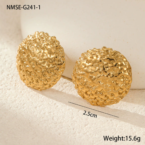 Pleated Design Metal Ball Earrings Stainless Steel 18K Electroplating Geometric Style Jewelry