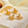 Pleated Heart Shaped Ginkgo Stainless Steel Earrings With Rhinestone And Faux Pearl Accents For Women