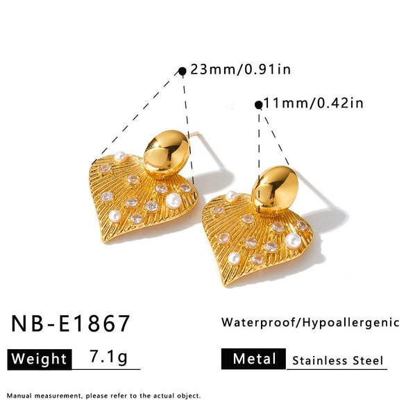 Pleated Heart Shaped Ginkgo Stainless Steel Earrings With Rhinestone And Faux Pearl Accents For Women