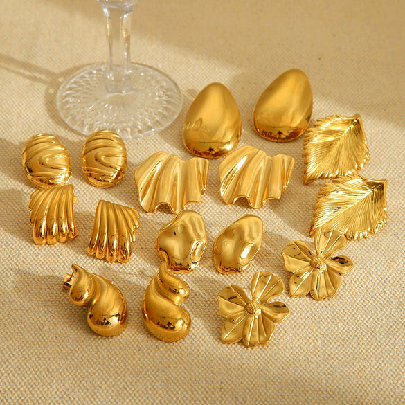 Pleated Texture Geometric Stainless Steel Earrings For Women With Electroplating Treatment And Flower Leaf Wave Drop Shapes