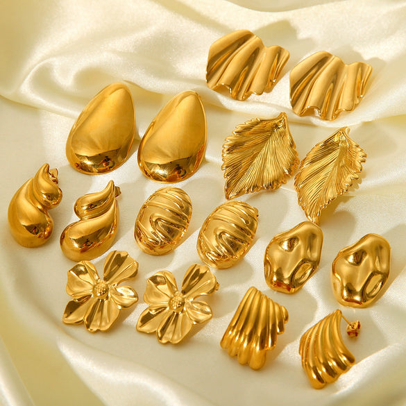 Pleated Texture Geometric Stainless Steel Earrings For Women With Electroplating Treatment And Flower Leaf Wave Drop Shapes