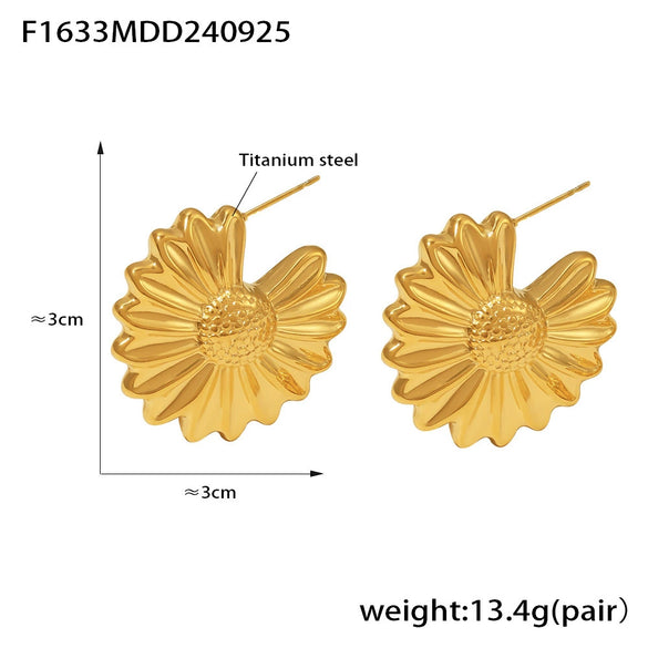 Pleated Wave Chrysanthemum Hollow Asymmetrical Women's Earrings Titanium Steel 18K Gold Plated Geometric Style Electroplated
