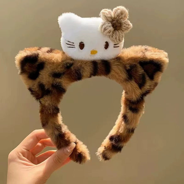 Plush Headband Cute Cartoon Leopard Print Cat Ears Handmade Hair Accessories Unisex