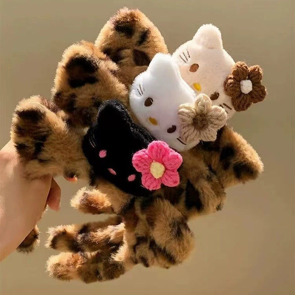 Plush Headband Cute Cartoon Leopard Print Cat Ears Handmade Hair Accessories Unisex