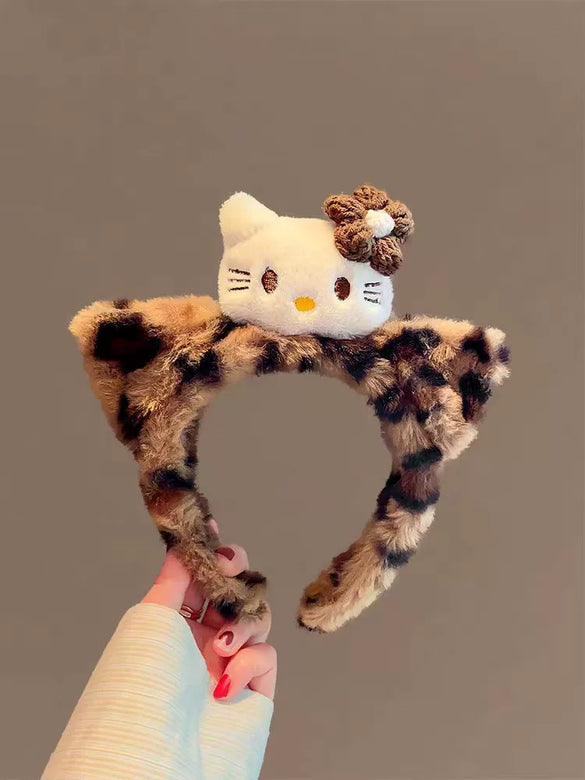 Plush Headband Cute Cartoon Leopard Print Cat Ears Handmade Hair Accessories Unisex