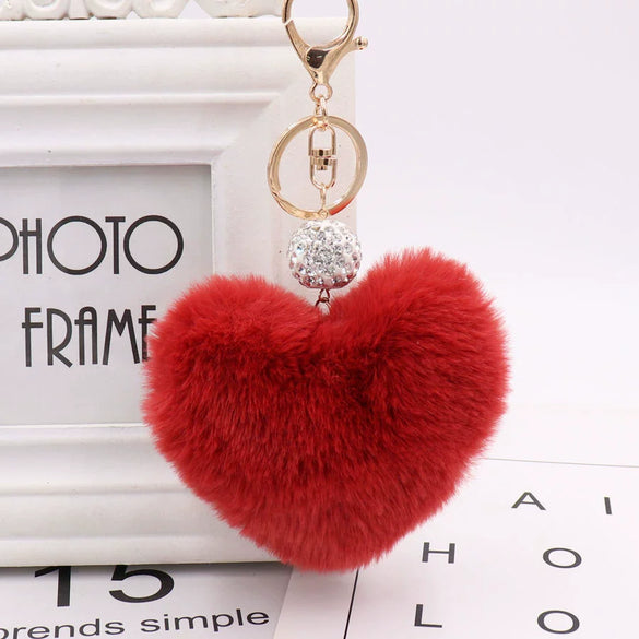 Plush Heart Shaped Keychain Pendant With Diamond Ball And Imitation Rex Rabbit Fur