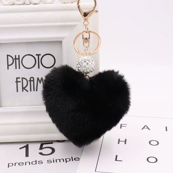 Plush Heart Shaped Keychain Pendant With Diamond Ball And Imitation Rex Rabbit Fur