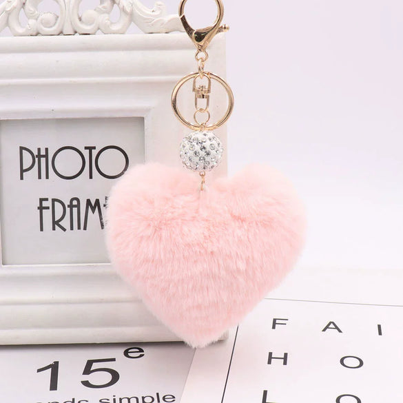 Plush Heart Shaped Keychain Pendant With Diamond Ball And Imitation Rex Rabbit Fur