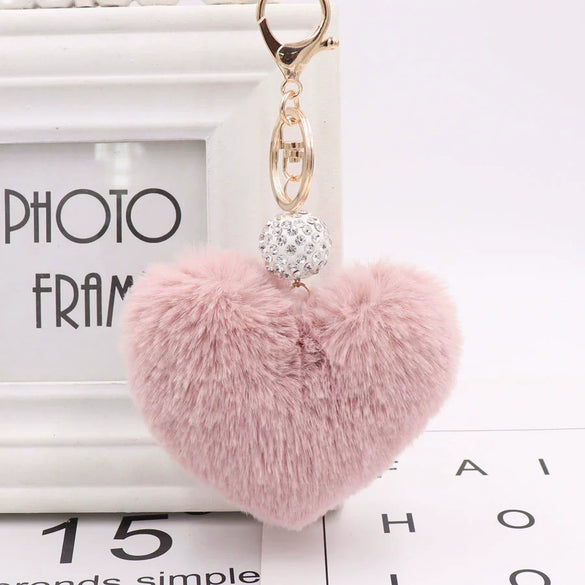 Plush Heart Shaped Keychain Pendant With Diamond Ball And Imitation Rex Rabbit Fur