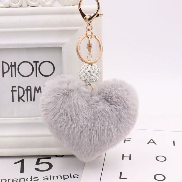 Plush Heart Shaped Keychain Pendant With Diamond Ball And Imitation Rex Rabbit Fur