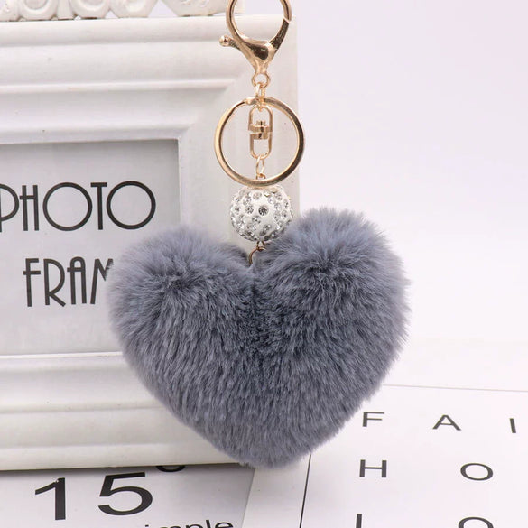 Plush Heart Shaped Keychain Pendant With Diamond Ball And Imitation Rex Rabbit Fur