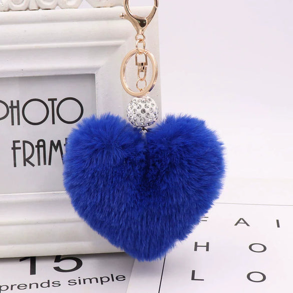 Plush Heart Shaped Keychain Pendant With Diamond Ball And Imitation Rex Rabbit Fur