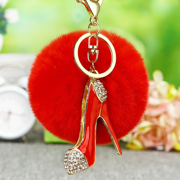 Plush Highheeled Shoes Pattern Metal Keychain With Diamond Encrustment