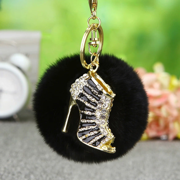 Plush Highheeled Shoes Pattern Metal Keychain With Diamond Encrustment