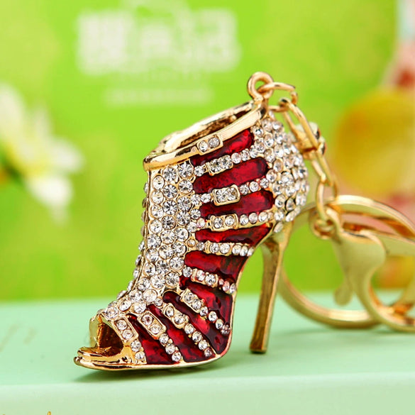 Plush Highheeled Shoes Pattern Metal Keychain With Diamond Encrustment