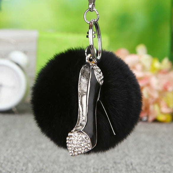 Plush Highheeled Shoes Pattern Metal Keychain With Diamond Encrustment