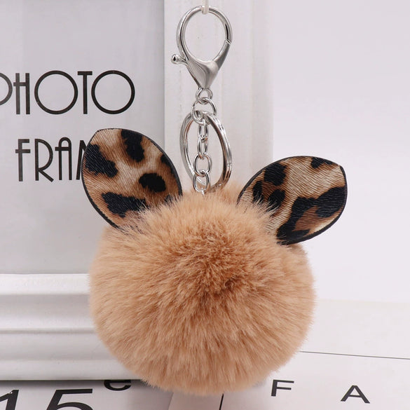 Plush Leopard Print Ears Fur Ball Keychain For Women's Bags And Cars