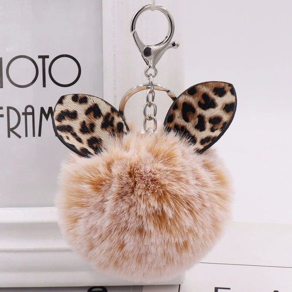 Plush Leopard Print Ears Fur Ball Keychain For Women's Bags And Cars