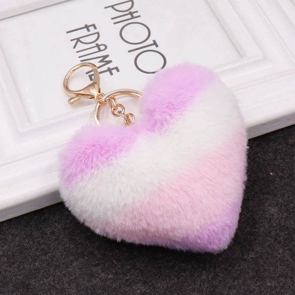 Plush Love Heartshaped Color Stripe Imitation Rex Rabbit Hair Keychain Bag Pendant