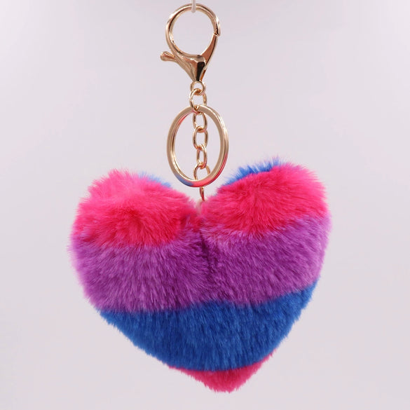 Plush Love Heartshaped Color Stripe Imitation Rex Rabbit Hair Keychain Bag Pendant