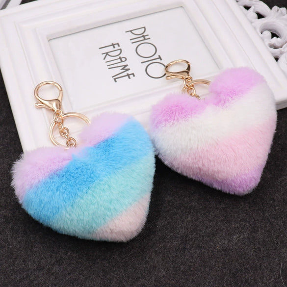 Plush Love Heartshaped Color Stripe Imitation Rex Rabbit Hair Keychain Bag Pendant