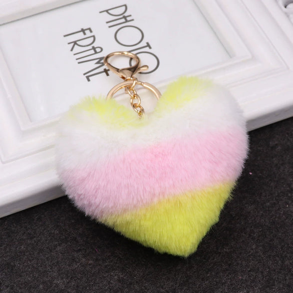 Plush Love Heartshaped Color Stripe Imitation Rex Rabbit Hair Keychain Bag Pendant