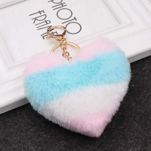 Plush Love Heartshaped Color Stripe Imitation Rex Rabbit Hair Keychain Bag Pendant