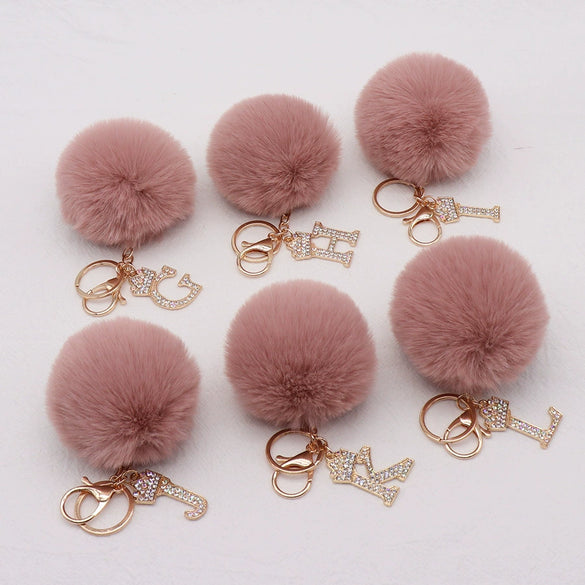 Plush Metal Letter Fur Ball Keychain For Women