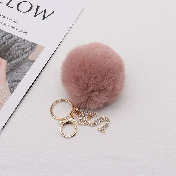 Plush Metal Letter Fur Ball Keychain For Women