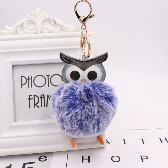 Plush Owl Fur Ball Keychain Pu Leather Cartoon Doll Pendant For Bag And Car Ornament