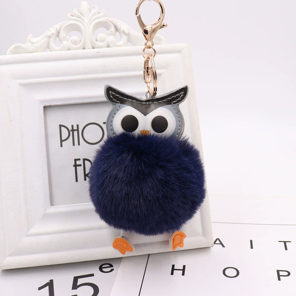Plush Owl Fur Ball Keychain Pu Leather Cartoon Doll Pendant For Bag And Car Ornament