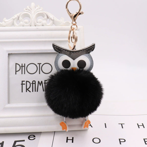 Plush Owl Fur Ball Keychain Pu Leather Cartoon Doll Pendant For Bag And Car Ornament