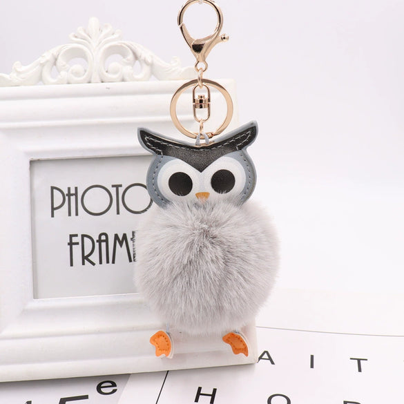 Plush Owl Fur Ball Keychain Pu Leather Cartoon Doll Pendant For Bag And Car Ornament