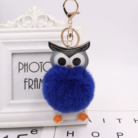 Plush Owl Fur Ball Keychain Pu Leather Cartoon Doll Pendant For Bag And Car Ornament