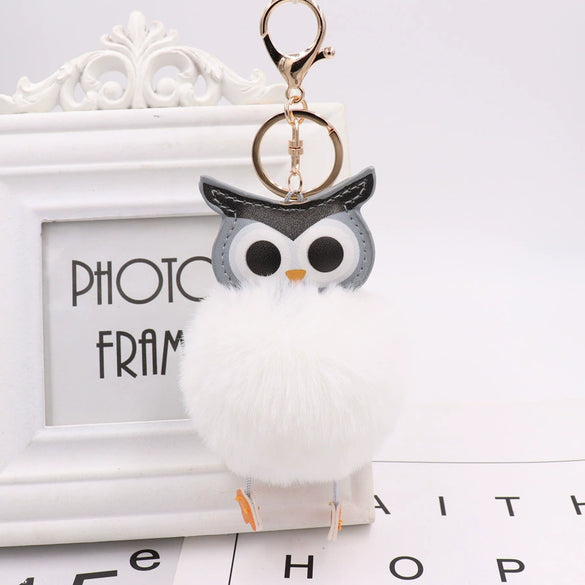 Plush Owl Fur Ball Keychain Pu Leather Cartoon Doll Pendant For Bag And Car Ornament
