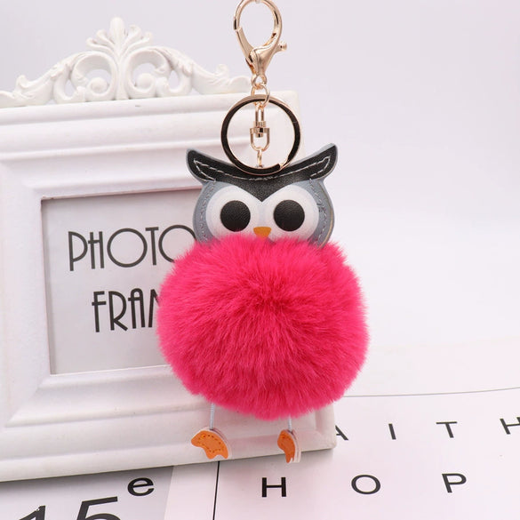 Plush Owl Fur Ball Keychain Pu Leather Cartoon Doll Pendant For Bag And Car Ornament