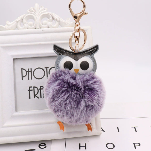 Plush Owl Fur Ball Keychain Pu Leather Cartoon Doll Pendant For Bag And Car Ornament