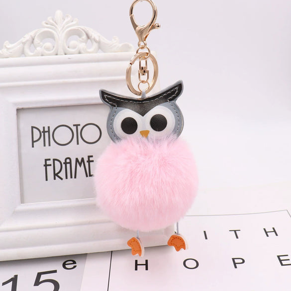 Plush Owl Fur Ball Keychain Pu Leather Cartoon Doll Pendant For Bag And Car Ornament