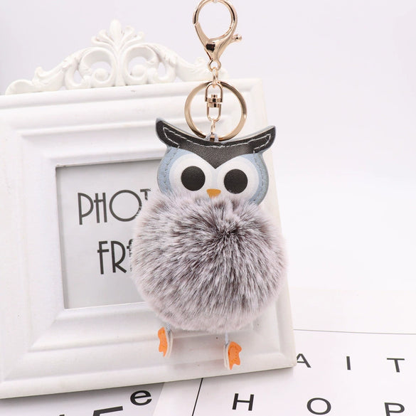 Plush Owl Fur Ball Keychain Pu Leather Cartoon Doll Pendant For Bag And Car Ornament